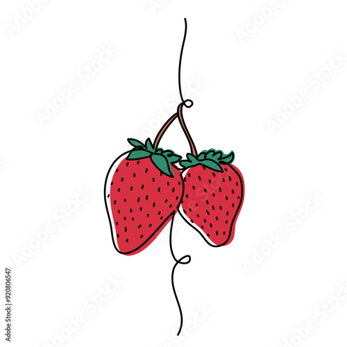 Organic Strawberry One Line Drawing Colorful Vector Illustration of Hand Drawn Fruit Minimalistic Design for Healthy Food Concept