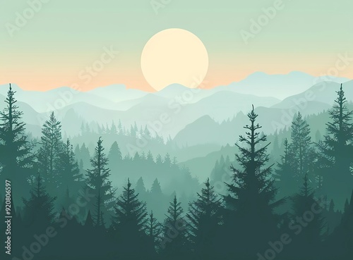 A flat vector illustration of a forest landscape with mountains and the sun rising in the background