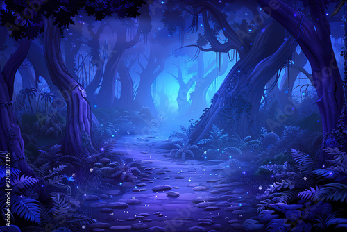 Glowing path leading through a fantasy forest illustration