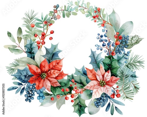 Festive Holiday Wreath. Watercolor Winter Illustration with Red Berries and Blue Accents.