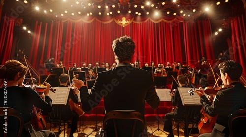 A conductor stands in front of a large orchestra