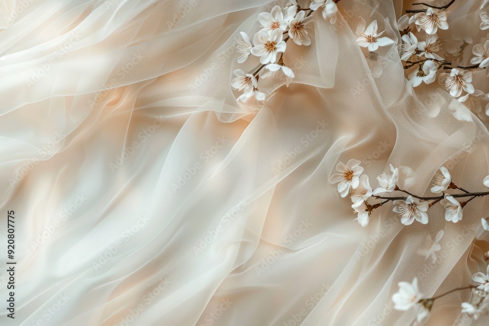 A soft and ethereal fabric, complemented by delicate blossoms, produces a serene and beautifully enchanting aesthetic