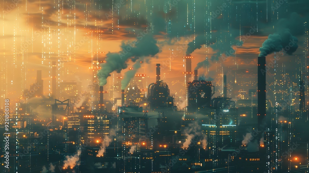 Obraz premium A cityscape with visible carbon emissions rising from various sources, including vehicles, factories, and power plants, contrasted with a digital overlay showing the carbon footprint in stark numbers