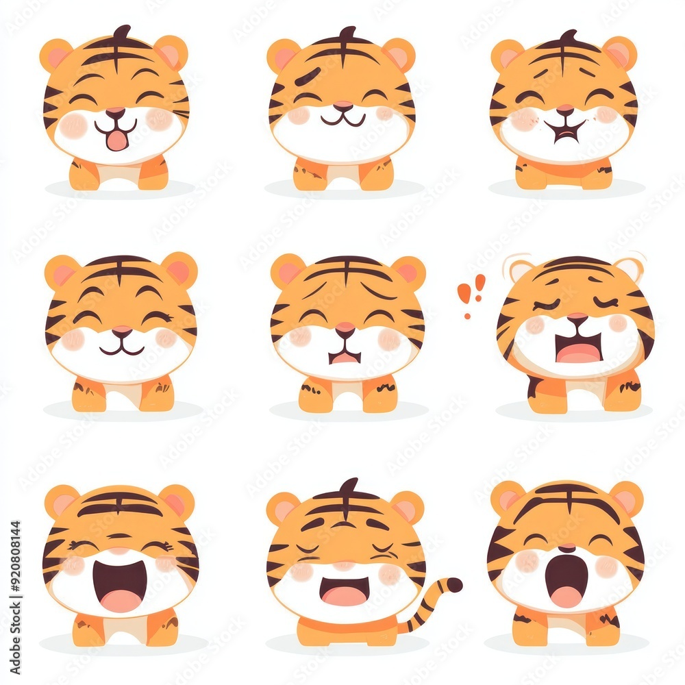 Nine adorable cartoon tigers with different expressions, isolated on white. Nine adorable cartoon tigers with different expressions, isolated on white.