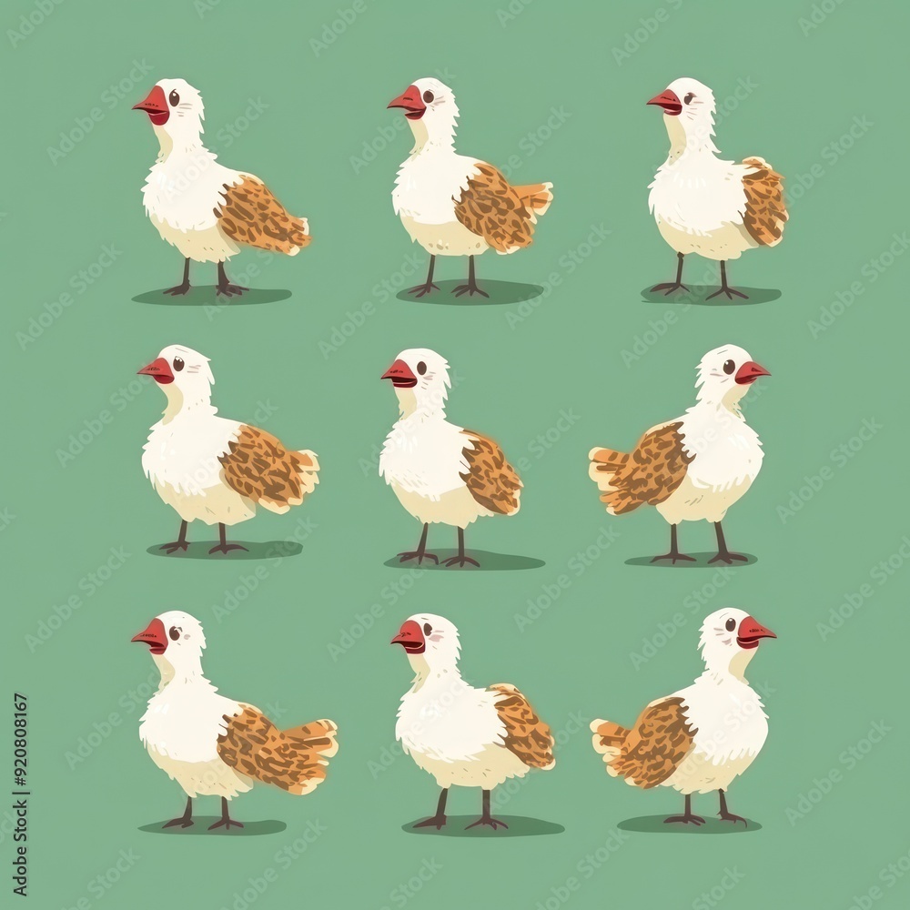 Fototapeta premium Nine white birds with brown spots are standing on a green background, their red beaks are open.