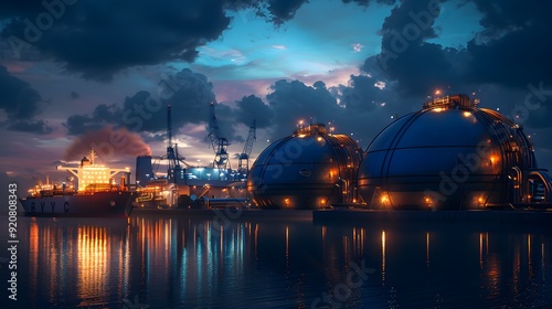 A futuristic LNG facility by the coast, with enormous spherical tanks and a ship being loaded with liquefied natural gas under the cold, blue glow of industrial lights