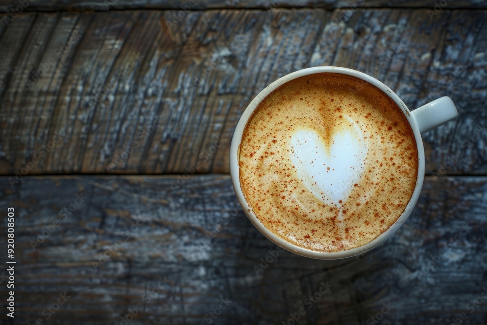 Top view of a heart-shaped latte art in a coffee cup. Wooden table background with rustic style. Perfect for coffee-themed websites, blogs, and social media posts. Generative AI. Top view of a heart-shaped latte art in a coffee cup. Wooden table background with rustic style. Perfect for coffee-themed websites, blogs, and social media posts. Generative AI.