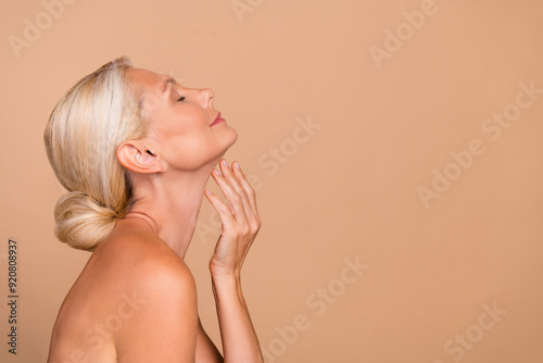 Carta da parati Photo of smiling stunning woman naked shoulders closed eyes arm hand neck empty