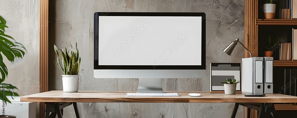 Modern Desk Setup with Blank Computer Screen and Plants Modern Desk Setup with Blank Computer Screen and Plants