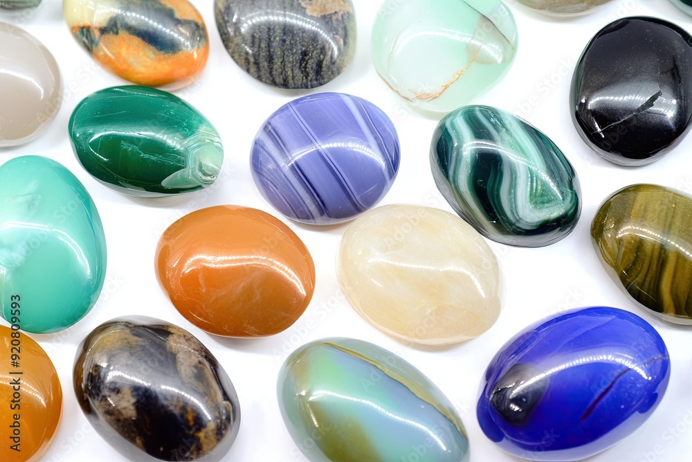 Natural Cabochon Stones in Various Colors and Patterns Displayed on a White Background Natural Cabochon Stones in Various Colors and Patterns Displayed on a White Background