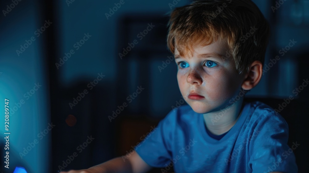 Portrait of a young boy intensely focused on learning computer coding at home in a dimly lit room with a glowing computer screen in the background Portrait of a young boy intensely focused on learning computer coding at home in a dimly lit room with a glowing computer screen in the background