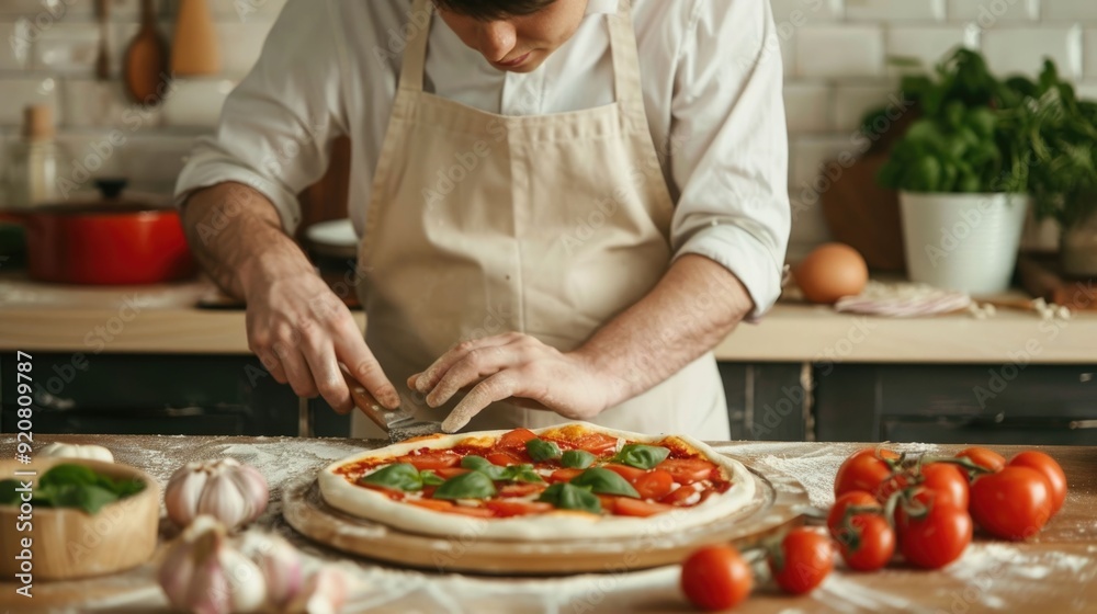 Professional Chef Preparing Homemade Fresh Pizza from Scratch in Kitchen Workspace with Various Ingredients like Tomatoes Flour Herbs and Utensils on Wooden Table Professional Chef Preparing Homemade Fresh Pizza from Scratch in Kitchen Workspace with Various Ingredients like Tomatoes Flour Herbs and Utensils on Wooden Table