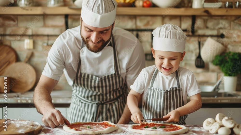 A father and his young son happily making pizza from scratch together in their warm cozy kitchen They are kneading the dough adding toppings and sharing a moment of time and culinary tradition A father and his young son happily making pizza from scratch together in their warm cozy kitchen They are kneading the dough adding toppings and sharing a moment of time and culinary tradition