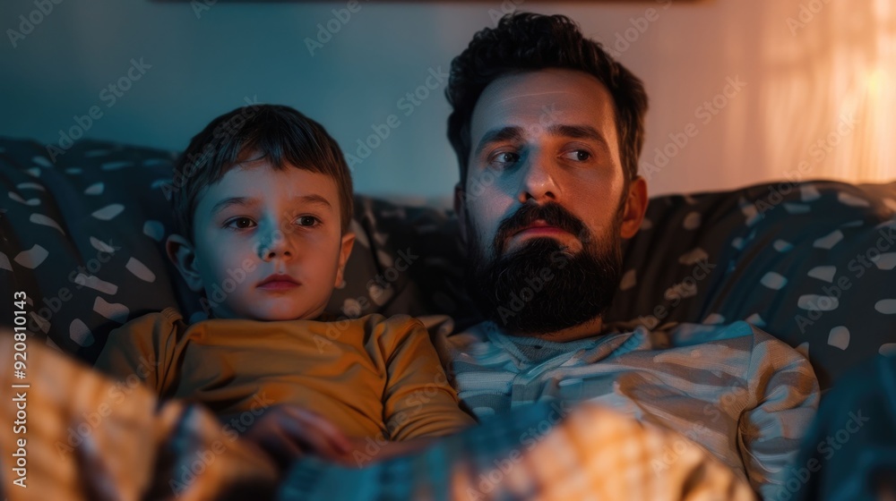 Obraz premium A father and his young son cuddled up on the couch immersed in watching documentaries together on a tablet device in their cozy living room The scene captures a moment of intimate time