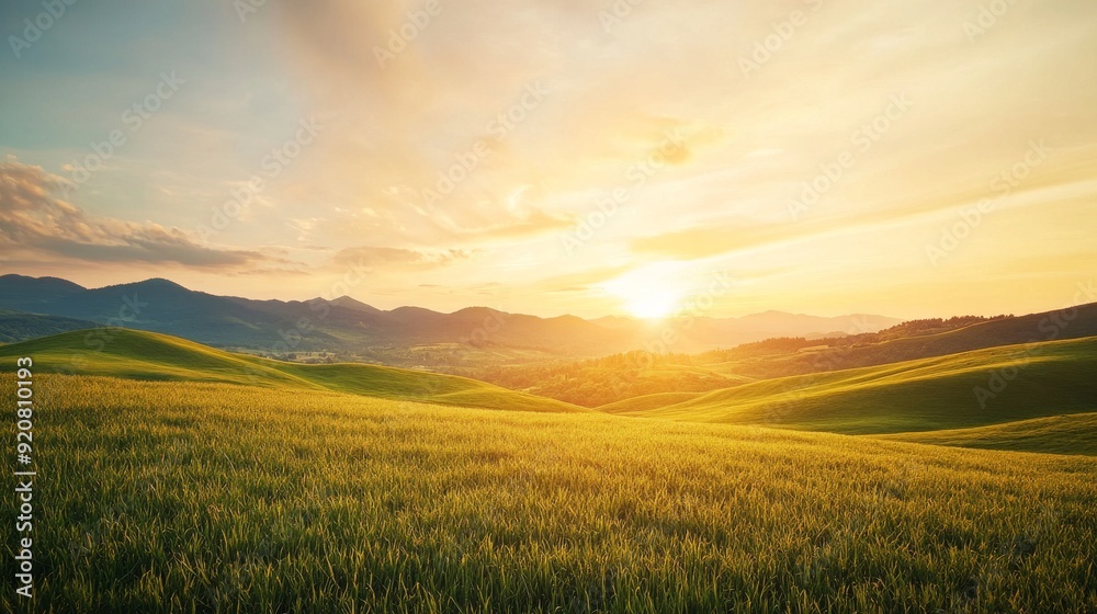 Majestic Sunset over Tranquil Rolling Hills with Vibrant Glowing Skies Majestic Sunset over Tranquil Rolling Hills with Vibrant Glowing Skies