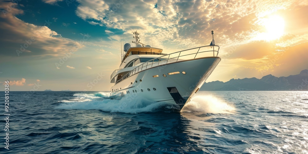 Fototapeta premium A luxury yacht gliding through the vibrant sunset ocean, showcasing a blend of elegance and adventure