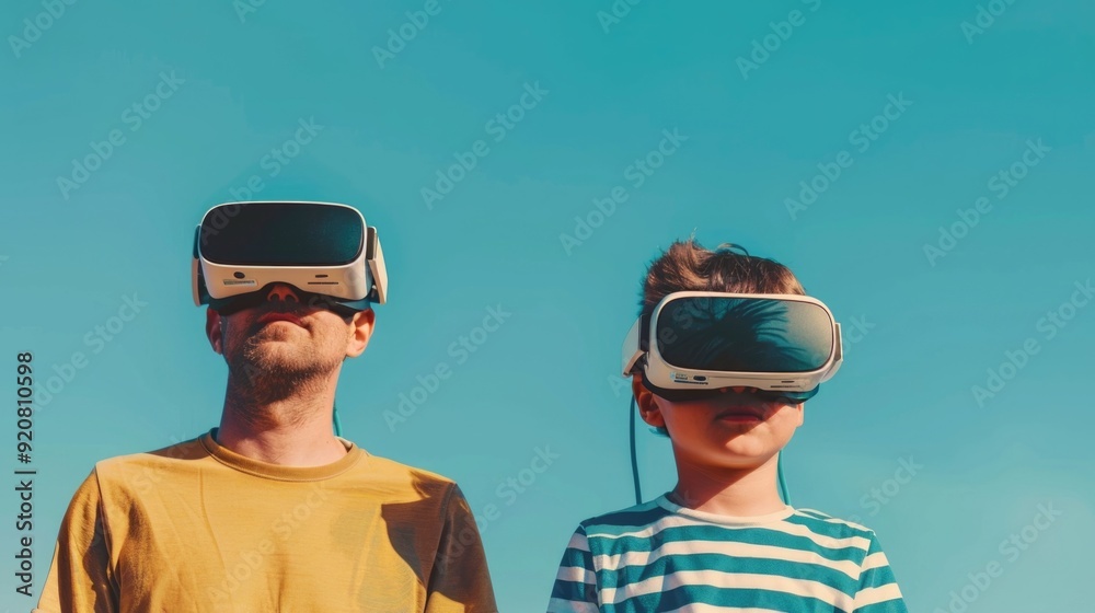Father and son bonding while immersed in virtual reality gaming experience using cutting edge VR headsets to explore a captivating digital world together Father and son bonding while immersed in virtual reality gaming experience using cutting edge VR headsets to explore a captivating digital world together