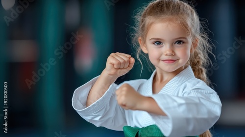 A young martial artist in a white gi and green belt stands in a fighting stance, demonstrating her focus, strength, and readiness, embodying the discipline of martial arts. photo