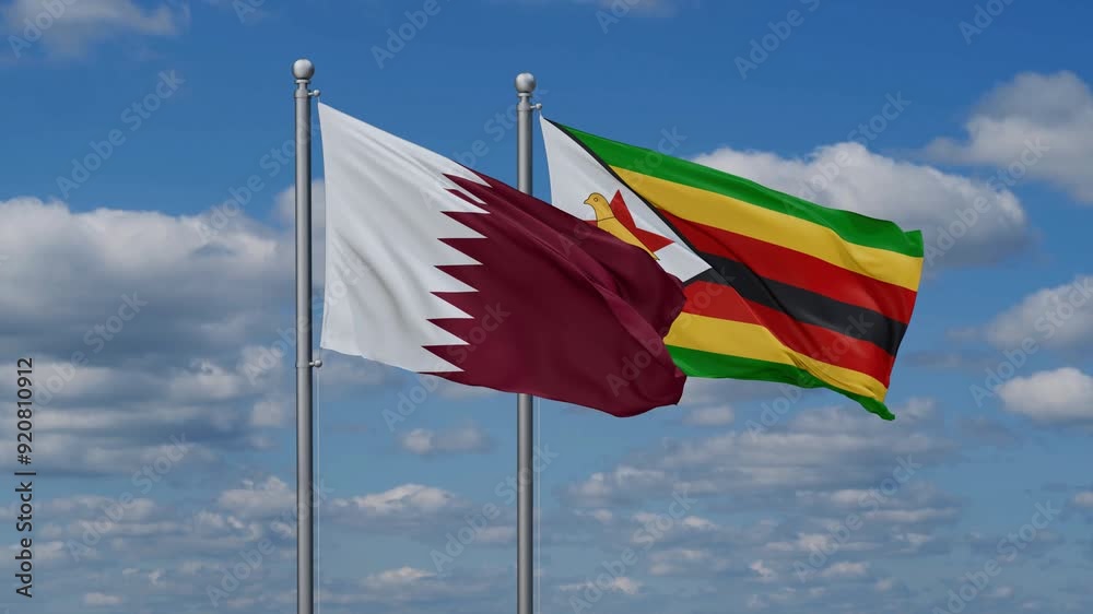 Zimbabwe and Qatar flags flying together, video concept of the relationship, two country cooperation concept