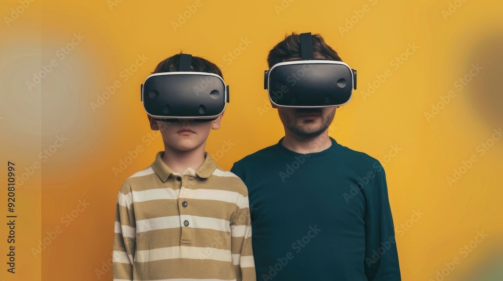 A father and son are engrossed in a virtual reality gaming experience wearing VR headsets and exploring the digital world together in a studio setting They appear captivated by the technology A father and son are engrossed in a virtual reality gaming experience wearing VR headsets and exploring the digital world together in a studio setting They appear captivated by the technology