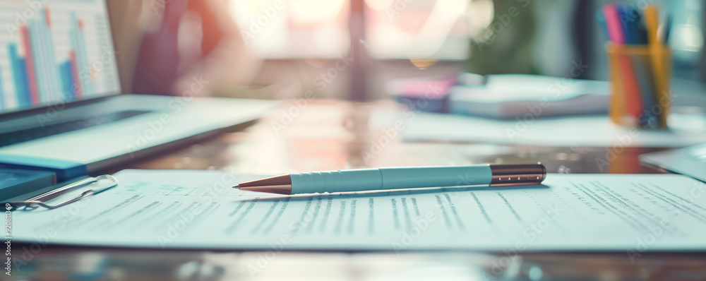 Closeup of a pen lying on the desk among documents. Business concept. Closeup of a pen lying on the desk among documents. Business concept.