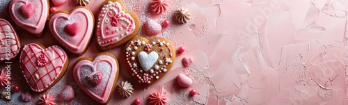 Several heart shaped cookies are arranged on a pink surface, Food background, Love background, Banner, Copy space