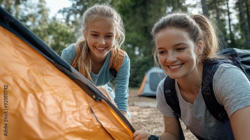 Two young girls smile as they collaborate to set up a tent amidst towering trees, capturing the essence of friendship, outdoor fun, and learning new skills. photo