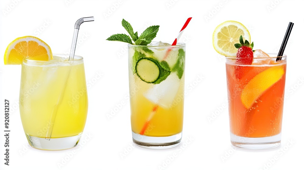 A Refreshing Variety of Lemonades Displayed on a White Background A Refreshing Variety of Lemonades Displayed on a White Background