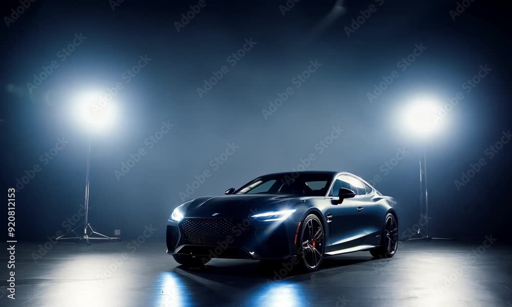 A high-end sports car showcased in a dimly lit studio, illuminated by vibrant lights A high-end sports car showcased in a dimly lit studio, illuminated by vibrant lights
