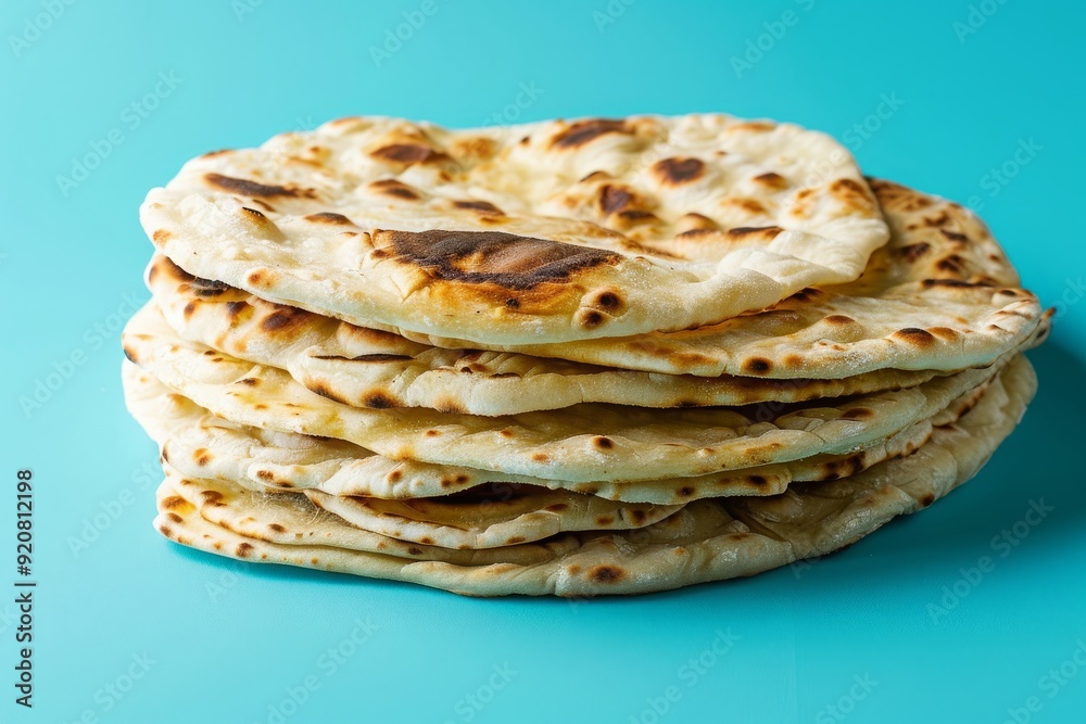 Naan bread isolated on blue background. Stack of Indian flatbread, kulcha, tortilla, roti, cut-out, png, cutout, clipping path Naan bread isolated on blue background. Stack of Indian flatbread, kulcha, tortilla, roti, cut-out, png, cutout, clipping path