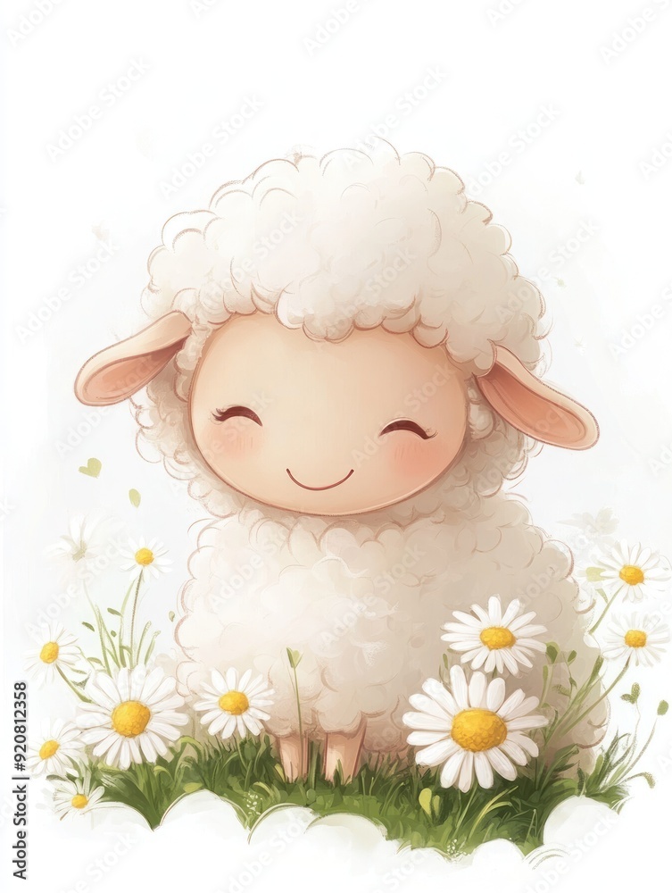 Fototapeta premium A cute cartoon sheep with a fluffy white coat smiles happily as it stands in a field of daisies.