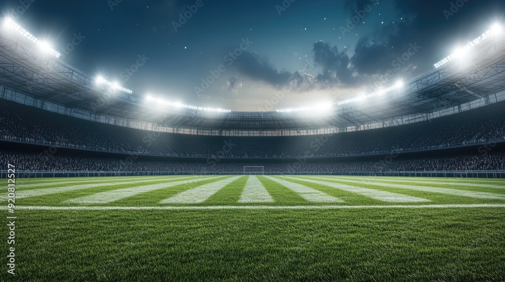 The empty soccer stadium features vibrant green grass illuminated by bright stadium lights during an evening setting. The empty soccer stadium features vibrant green grass illuminated by bright stadium lights during an evening setting.