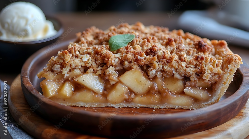 Homemade Apple Crumble Pie with Vanilla Ice Cream Scoop on Wooden Plate Homemade Apple Crumble Pie with Vanilla Ice Cream Scoop on Wooden Plate