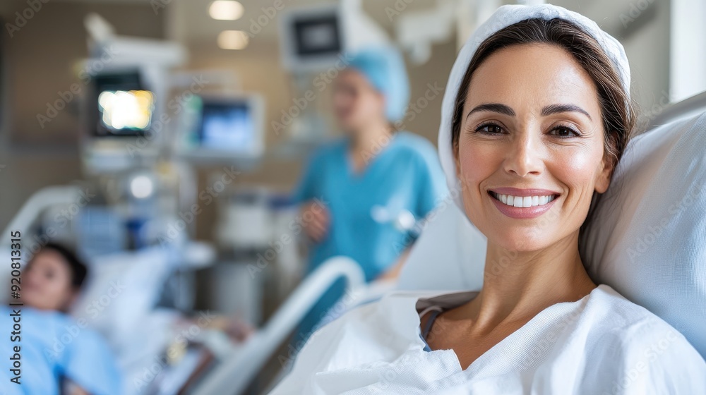 A happy patient with bright smile in a hospital bed, medical staff and equipment in the background, depicting healthcare, recovery, and positive patient experience. A happy patient with bright smile in a hospital bed, medical staff and equipment in the background, depicting healthcare, recovery, and positive patient experience.