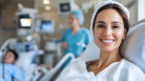 A happy patient with bright smile in a hospital bed, medical staff and equipment in the background, depicting healthcare, recovery, and positive patient experience.