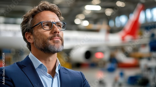 A man with glasses stands thoughtfully in an airplane hangar, emphasizing aerospace industry environment and reflective mood captured in a modern, high-quality photograph.