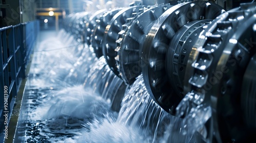 A detailed close-up of hydraulic turbines in a hydroelectric power plant, with water rushing through the blades, driving the massive machines that convert kinetic energy into electricity