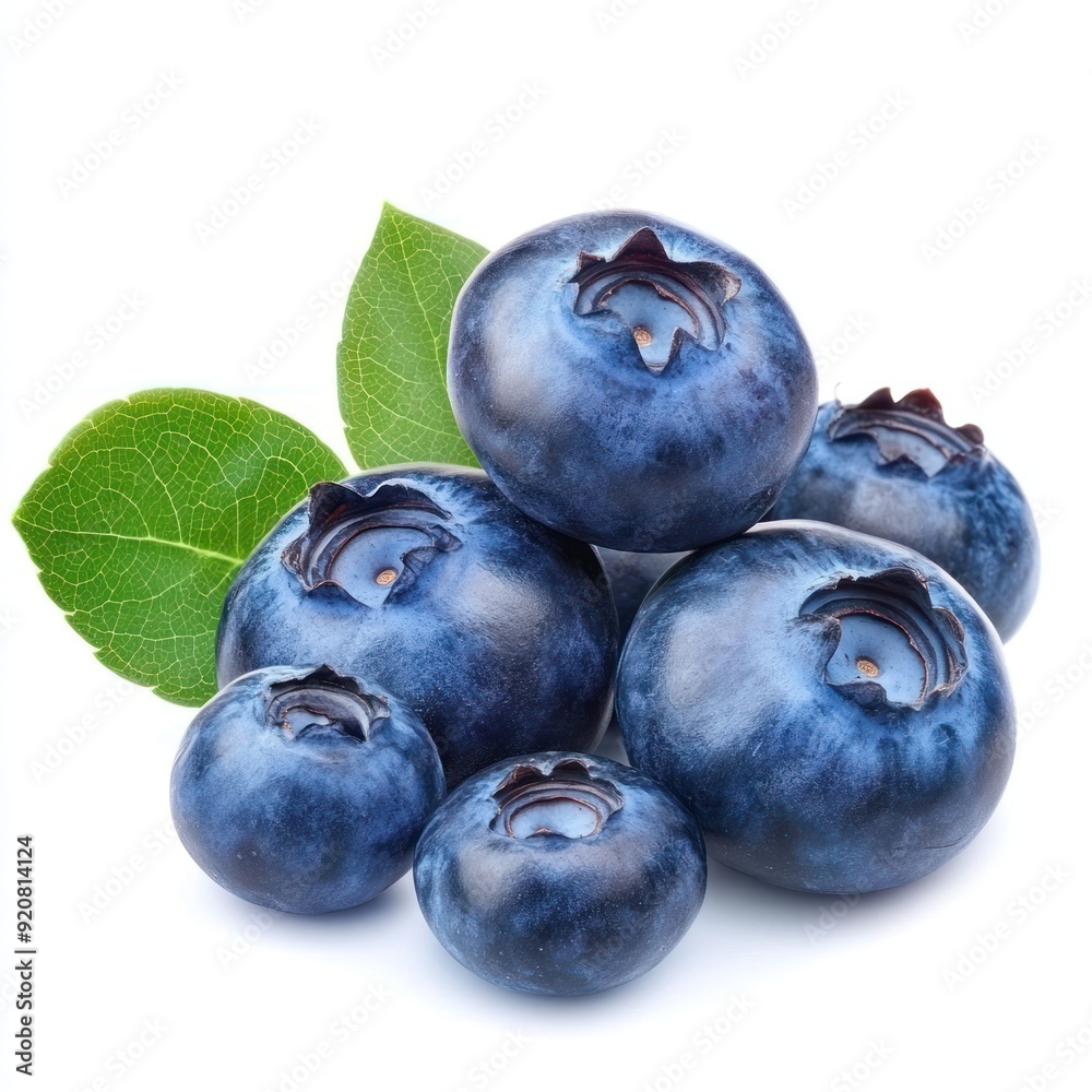 Close-up of five blueberries with green leaves isolated on white background. Close-up of five blueberries with green leaves isolated on white background.