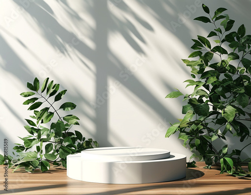 podium display with leaf shadow. Copy space green background. Cosmetics or beauty product promotion mockup.  Natural wood step pedestal. Trendy minimalist, art deco .