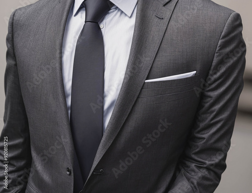 A man in a suit and tie is standing in front of a wall photo