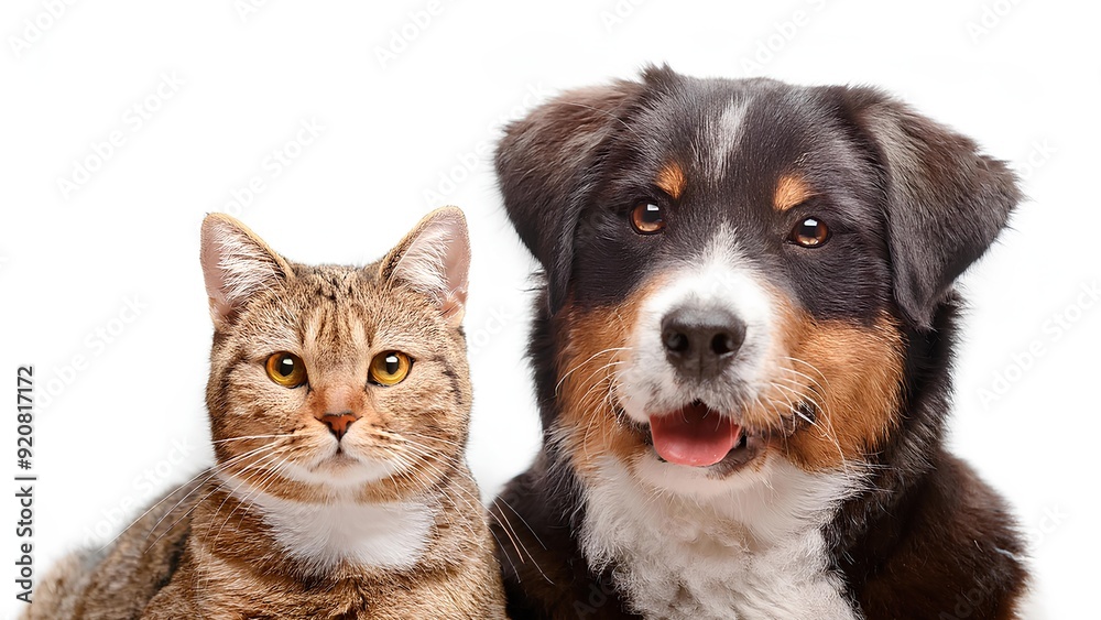 Fototapeta premium Domestic animals sitting and looking forward. Dog and cat looking at camera on white background. Pedigree animals, kitten with puppy.