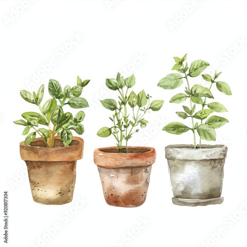 Wallpaper Mural Hand-drawn Watercolor Kitchen Herbs in Pots, Ideal for Home Decor and Print Torontodigital.ca
