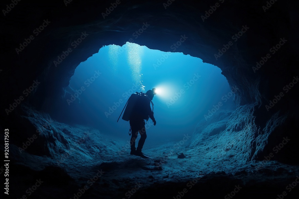 Obraz premium A deep-sea diver with a glowing headlamp swims through the depths of an underwater cave, revealing the stunning and surreal beauty of the hidden underwater world and the spirit of discovery.