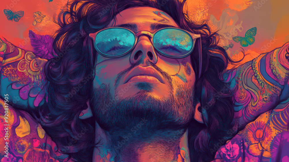 Fototapeta premium Vibrant artistic portrait of a man with sunglasses and tattoos, surrounded by colorful butterflies in a psychedelic atmosphere.