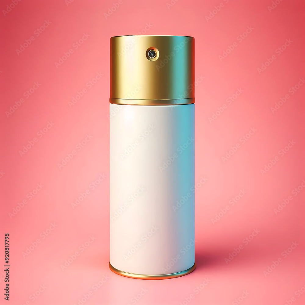 A blank mockup of a spray cylindrical can with a golden cap. A blank mockup of a spray cylindrical can with a golden cap.