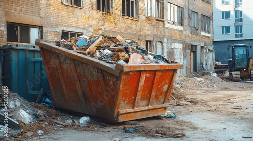 Construction Dumpster. New Building Site with Old Material, Industry Pollution