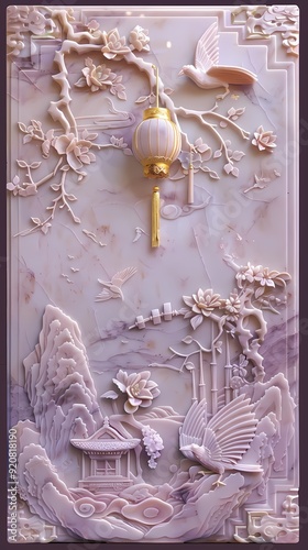 Traditional light purple lantern relief mural poster background