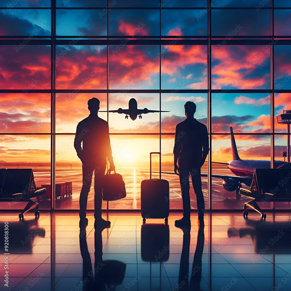 Silhouetted Travelers in Airport Terminal Sunset Reflections on Runway ...