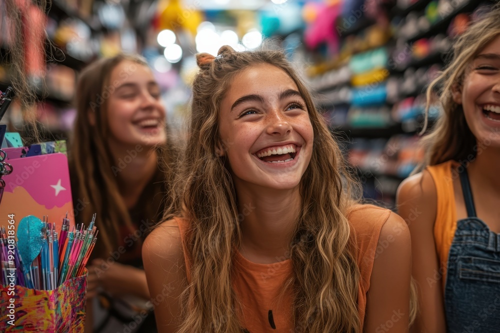 Several young girls laugh together in a vibrant store aisle filled with colorful items, capturing their joyful and playful shopping experience during a back-to-school spree.
