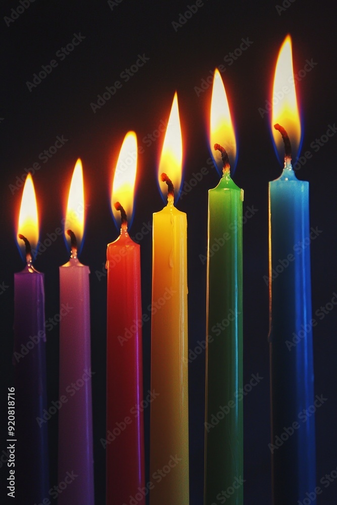 A row of tall, thin candles, each one a different color of the rainbow, burning in a dark room. A row of tall, thin candles, each one a different color of the rainbow, burning in a dark room.